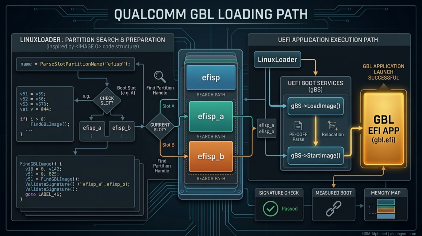 Technical diagram showing Qualcomm LinuxLoader searching efisp partitions and launching a GBL EFI application through UEFI boot services
