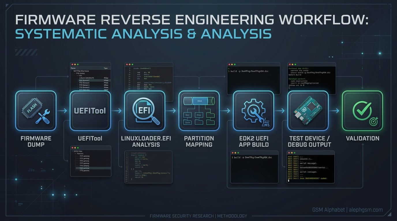 Reverse engineering workflow diagram showing firmware dump, UEFITool, LinuxLoader EFI analysis, partition mapping, EDK2 UEFI app build, test device validation