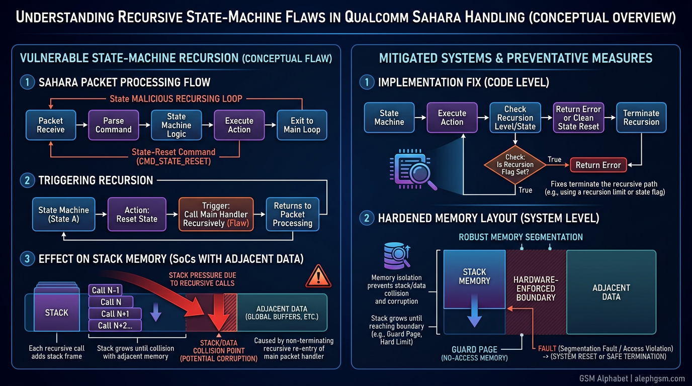 Conceptual diagram showing recursive Sahara state-machine re-entry causing stack pressure on vulnerable systems and blocked by mitigations on hardened systems