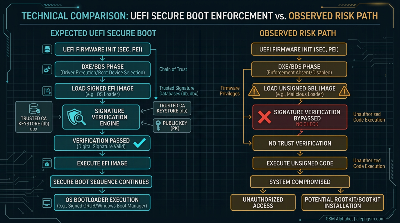 Comparison of expected UEFI Secure Boot enforcement versus a risk path where an unsigned GBL image executes without signature verification
