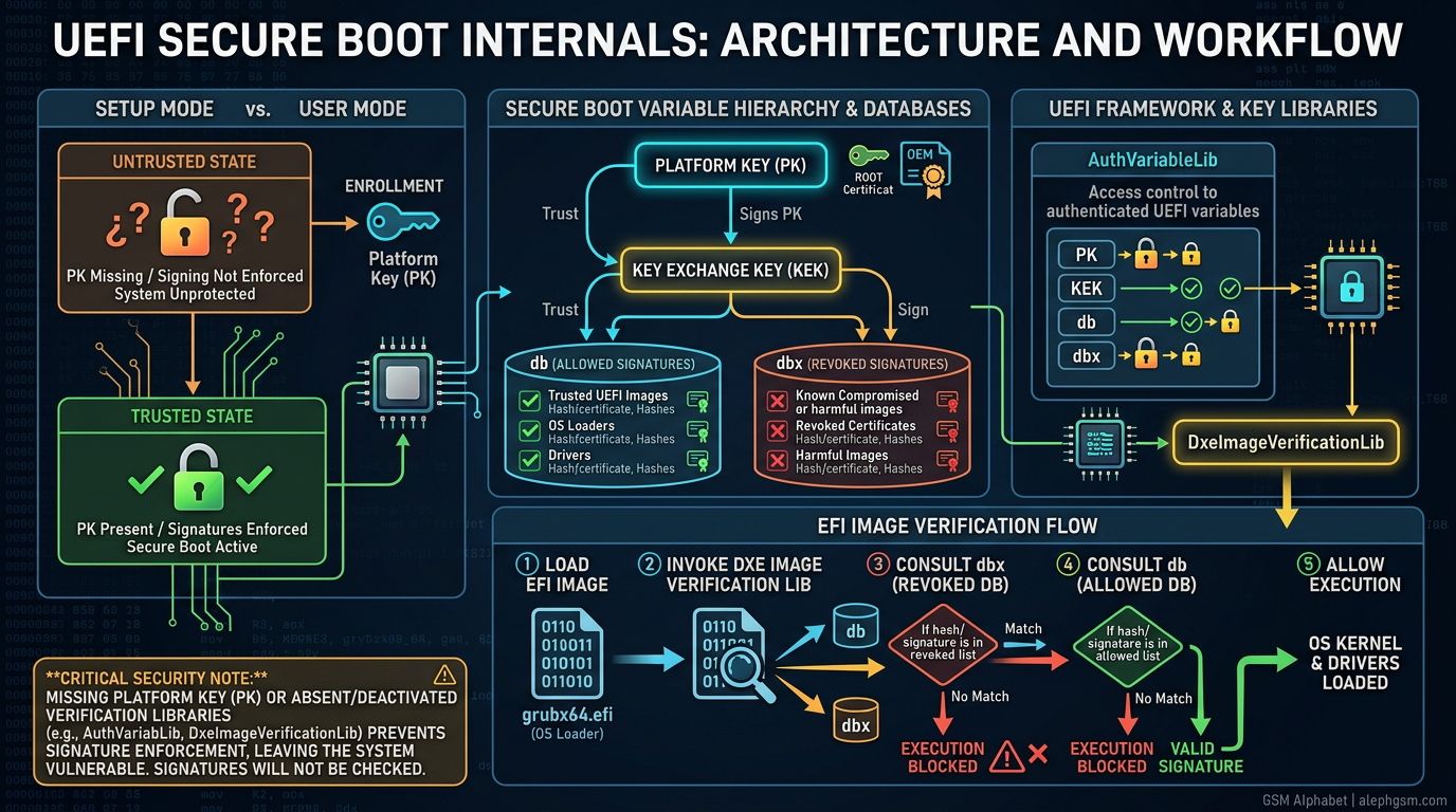 Diagram of UEFI Secure Boot internals showing setup mode, user mode, platform key, db dbx, AuthVariableLib and DxeImageVerificationLib