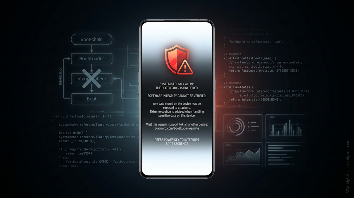 Editorial technical illustration of a smartphone showing a bootloader unlocked warning screen