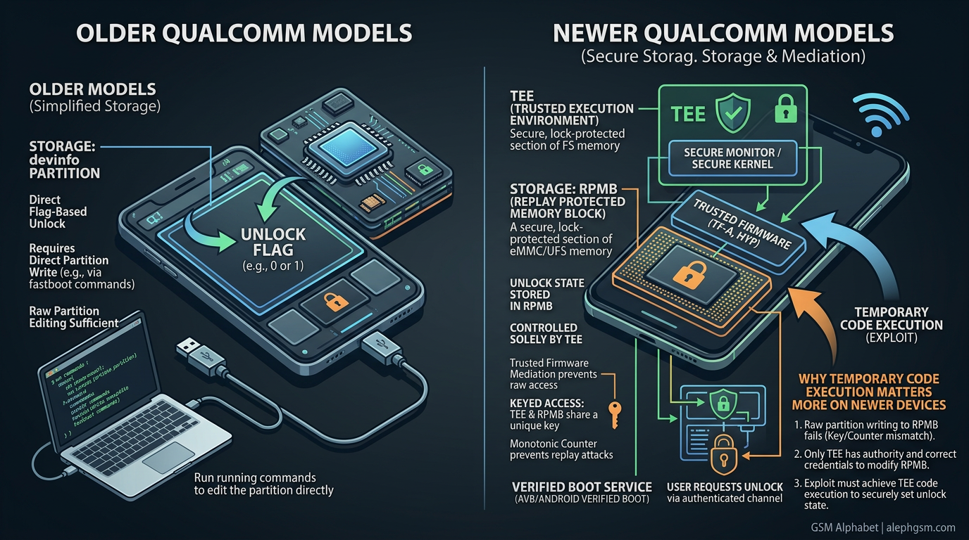 Comparison between older Qualcomm devinfo-based unlock storage and newer RPMB plus trusted firmware mediated state handling
