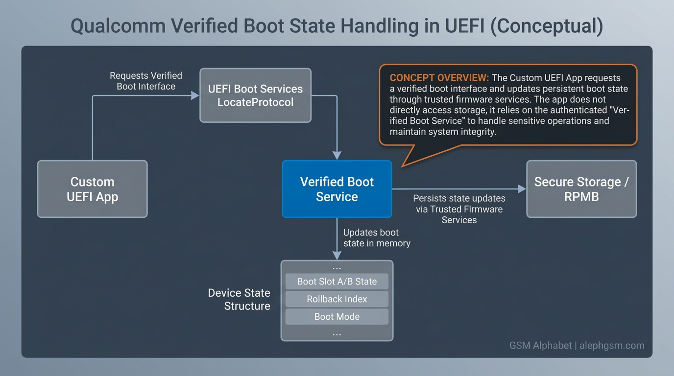 Conceptual diagram of a custom UEFI application requesting a verified boot interface and updating persistent boot state through trusted firmware services